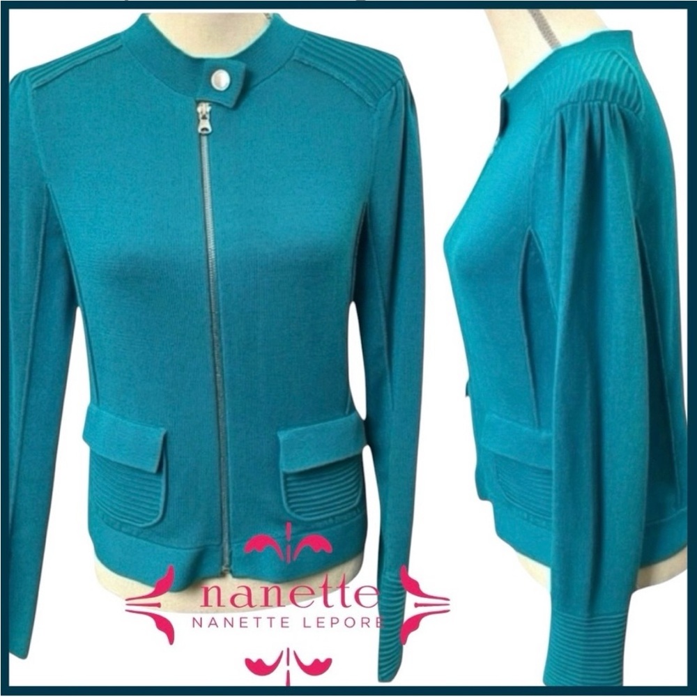 Nanette Lepore Teal Green Cotton Fine Knit Zip Front Cardigan (M) - Picture 3 of 16